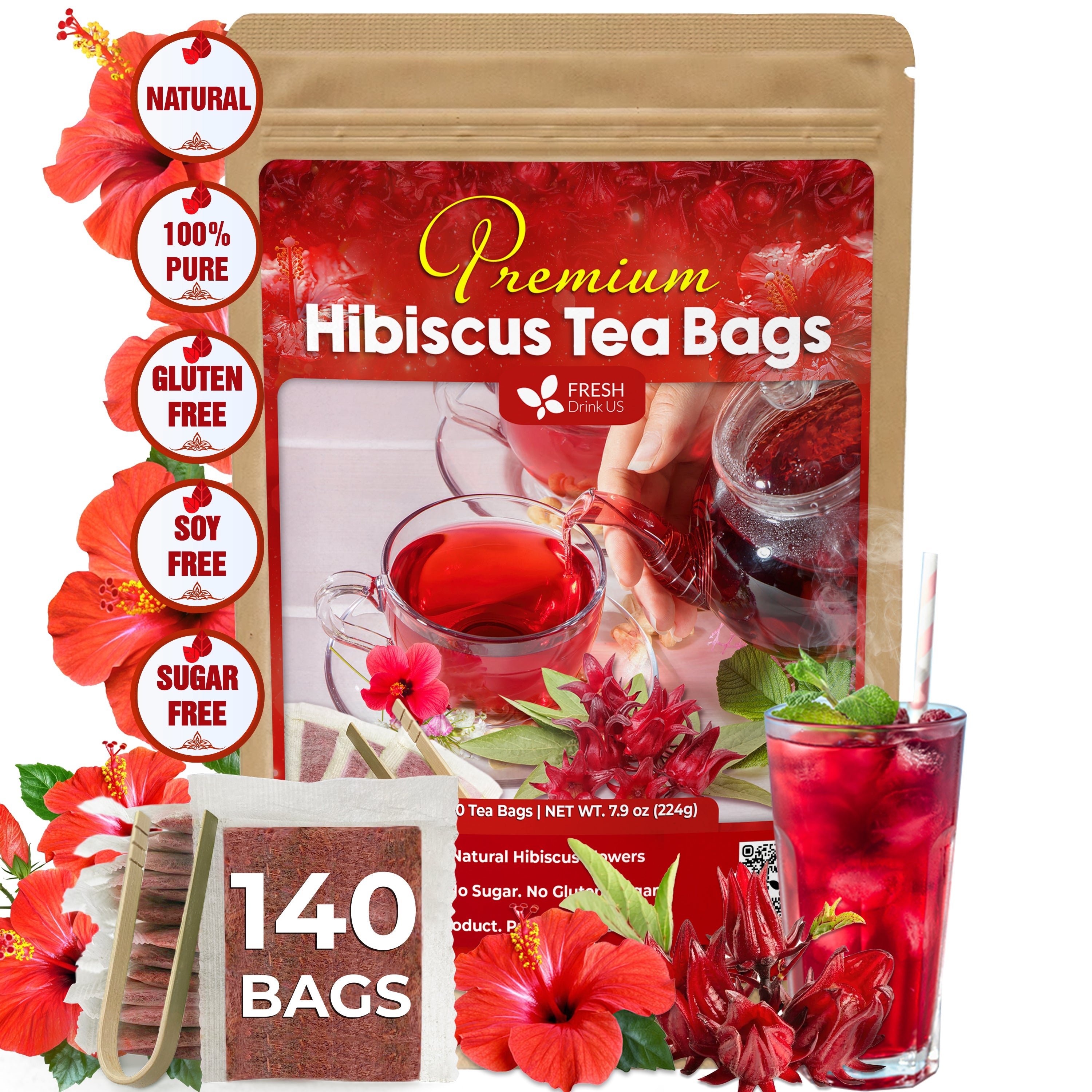 Hibiscus Dried Flowers, Tea Bags, 100% Natural, Pure from Hibiscus Flowers. Loose Flower Hibiscus Herbal Tea. Hibiscus Flower Tea. No Sugar, No Caffeine, No Gluten, Vegan. | Tea | Wiccan Center