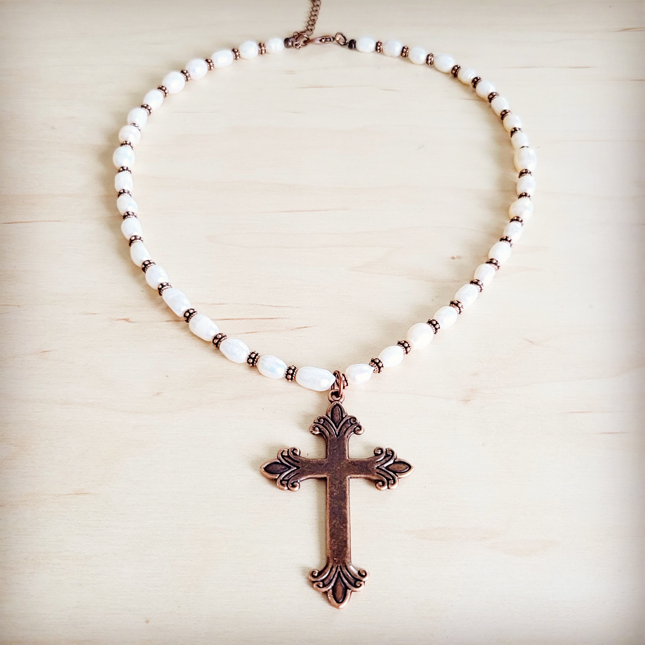 Genuine Freshwater Pearl Collar Boho Necklace w/ Cross 263s | Necklace | Wiccan Center