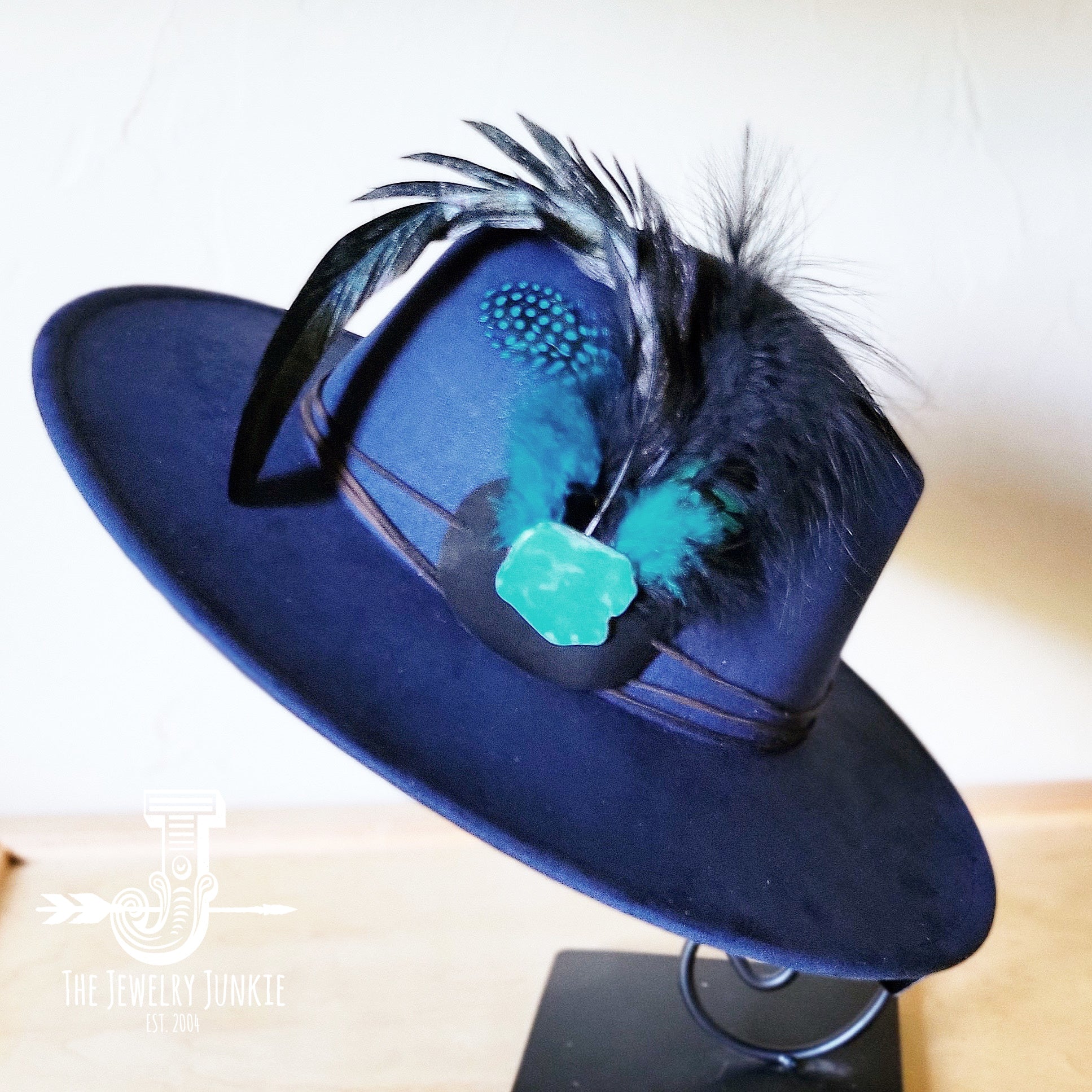 Marabou Blue Spotted Feather & Turquoise Slab Hat Band + Choice of Hat 986a | Hat | Wiccan Center