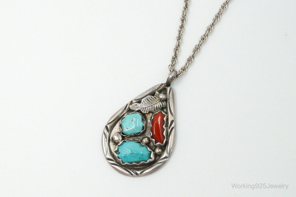 VTG Native American Afonso Penketewa Turquoise Coral Sterling Silver Necklace | Jewelry > Necklaces > Pendants | Wiccan Center