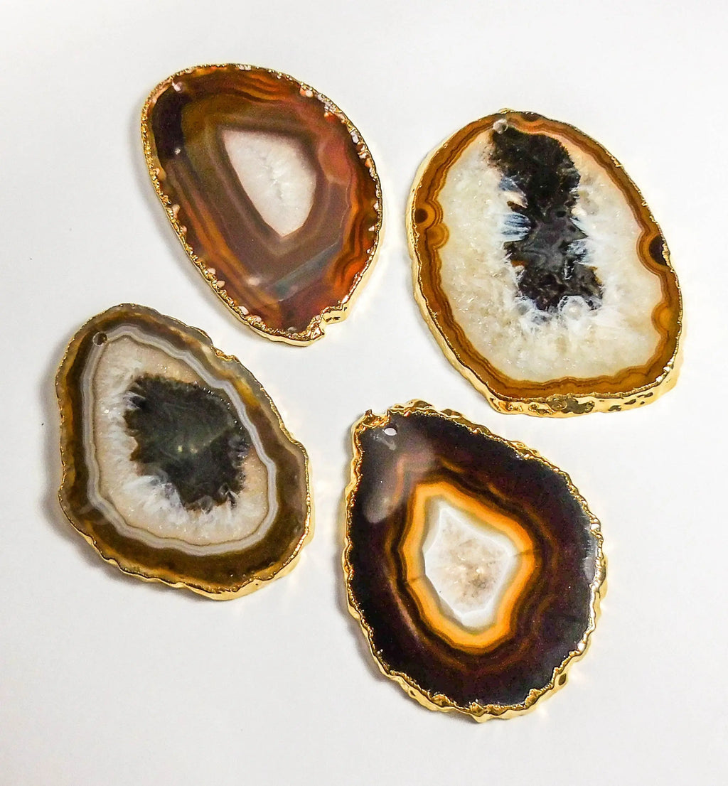 Drilled Hole Natural Gray Brown Agate Slice (2mm Hole)(Gold Plated Edges) Wholesale | Craft Supplies & Tools > Raw Materials > Stones & Rocks > Minerals | Wiccan Center