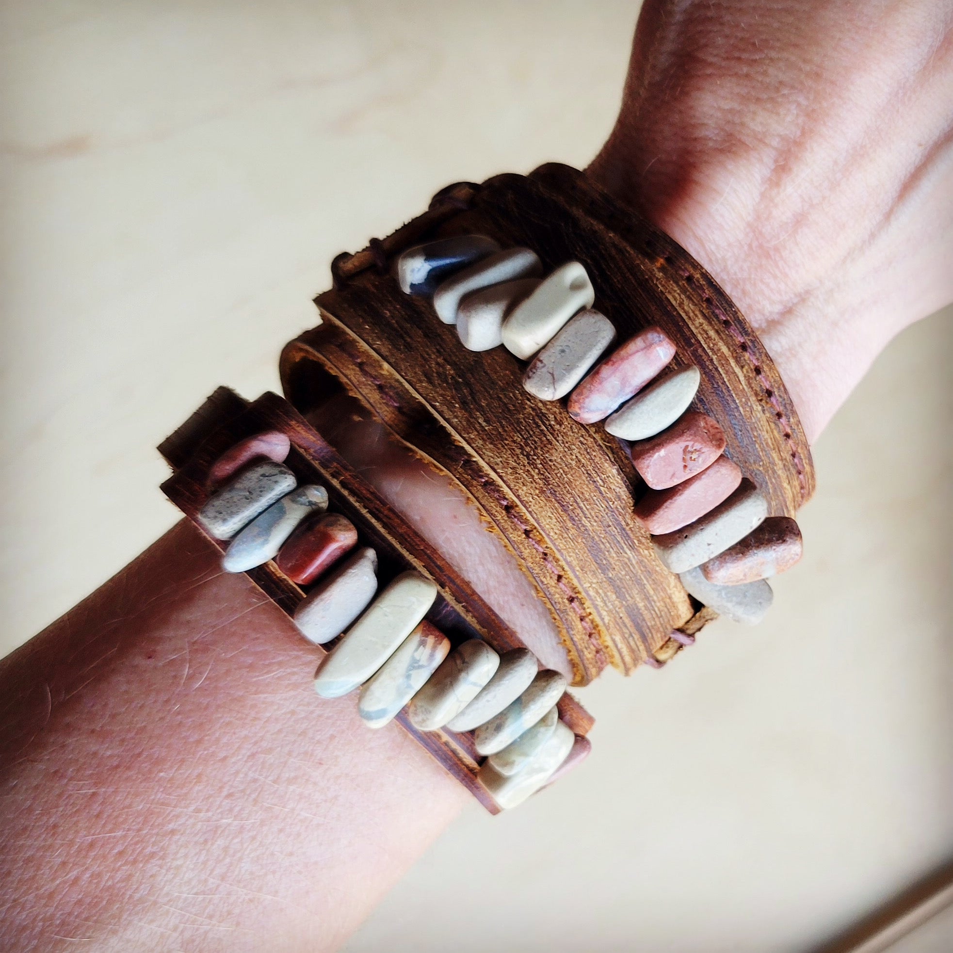 **Genuine Leather Narrow Cuff with Aqua Terra Stones 005f | Cuff | Wiccan Center