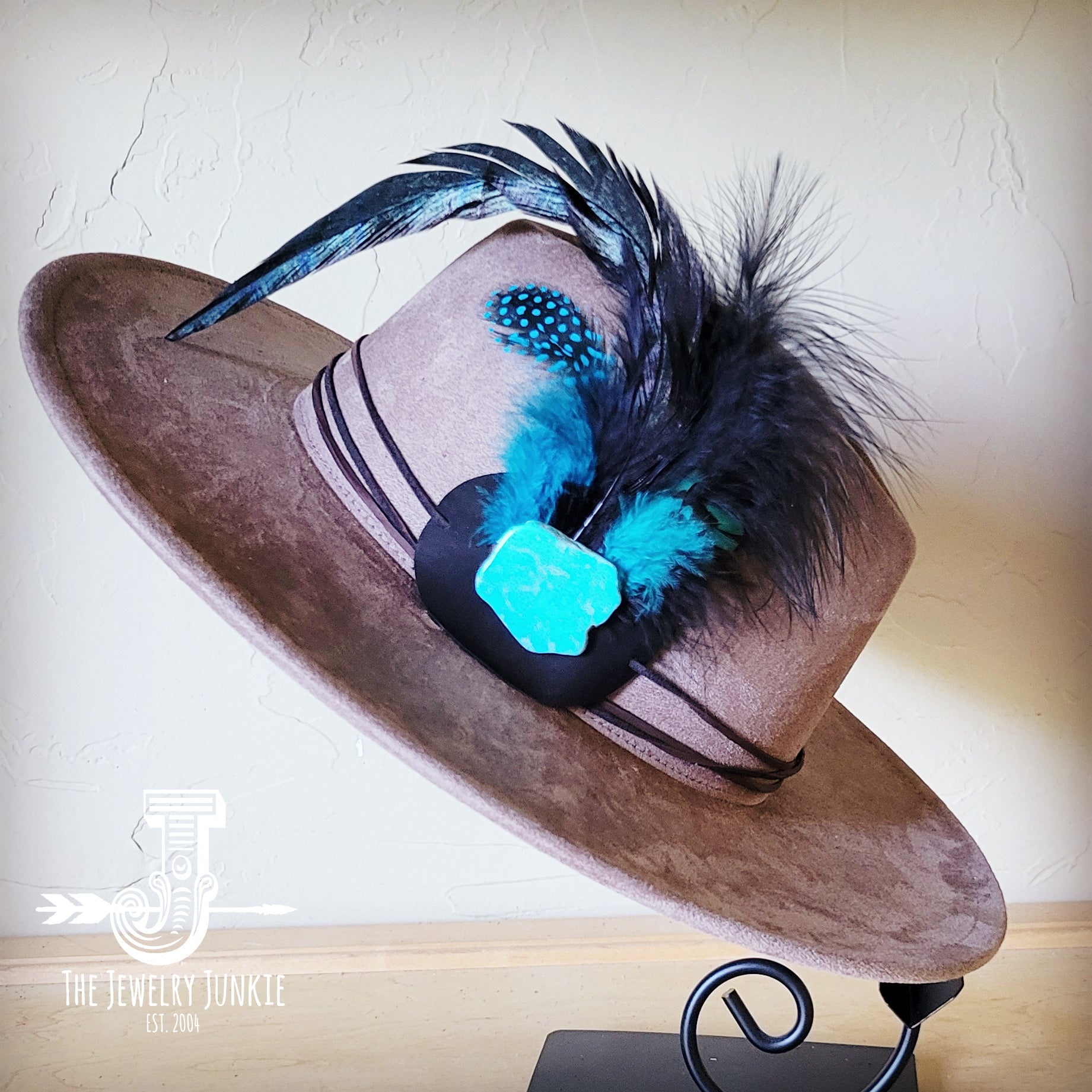 Marabou Blue Spotted Feather & Turquoise Slab Hat Band + Choice of Hat 986a | Hat | Wiccan Center