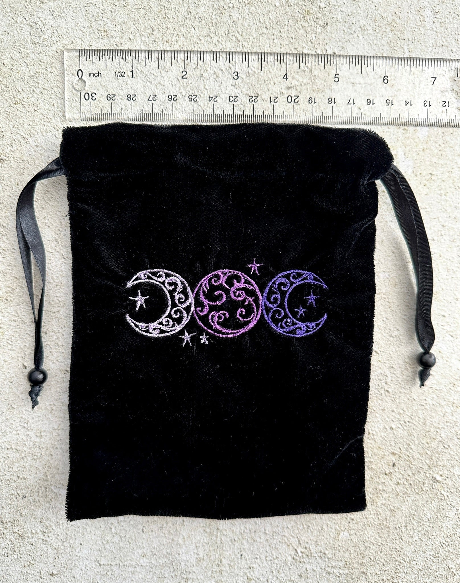 Triple Moon Black Velvet Embroidered Tarot Card Bag With Satin Lining