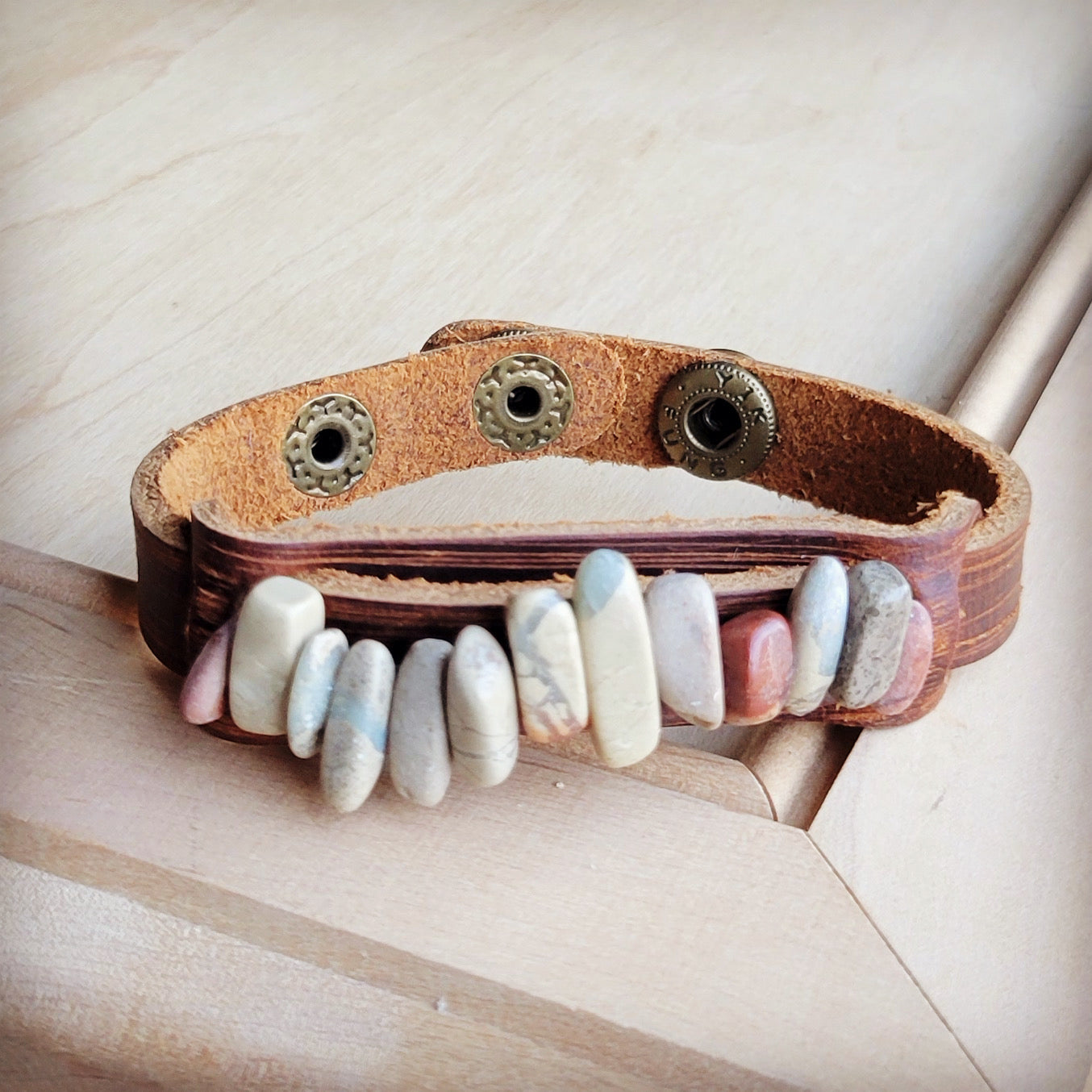 **Genuine Leather Narrow Cuff with Aqua Terra Stones 005f | Cuff | Wiccan Center
