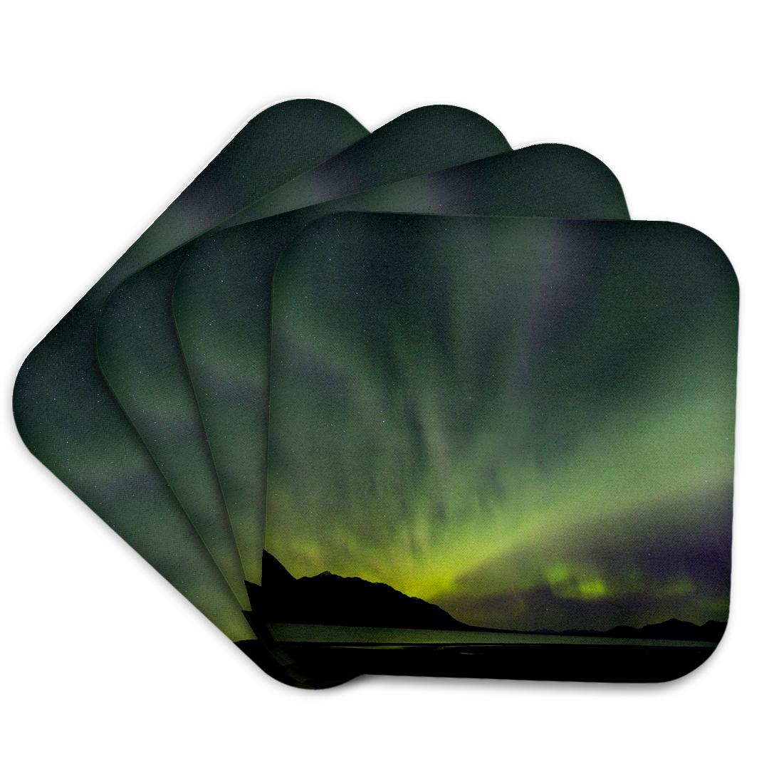 3dRose Danita Delimont - Northern Lights - Canada, Yukon, Kluane Lake. Aurora Borealis and Lake. - Coasters