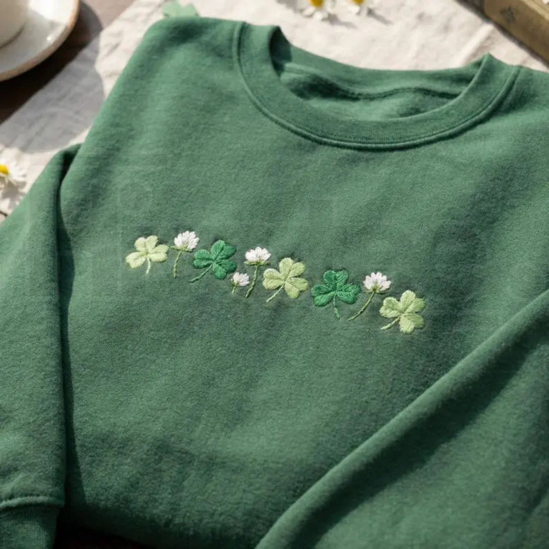 Embroidered Shamrock Meadow St. Patrick's Day Crewneck – Lucky Irish Floral Sweatshirt