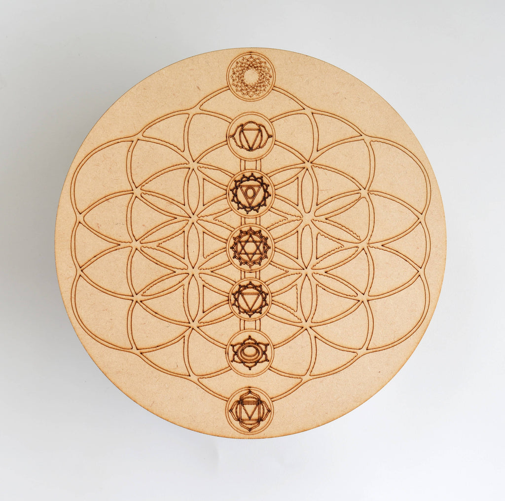 Tree of Life with Om Crystal Grid Board, 6" Wooden Crystal Grid Plate | Pyramids & Spheres | Wiccan Center
