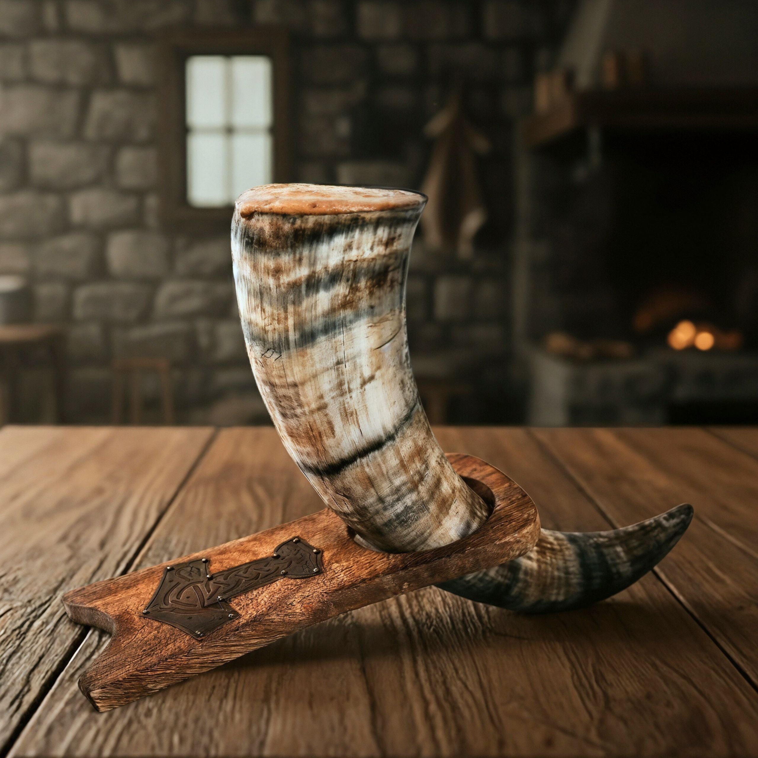 Viking Drinking Horn – Ox Horn with Wooden Stand