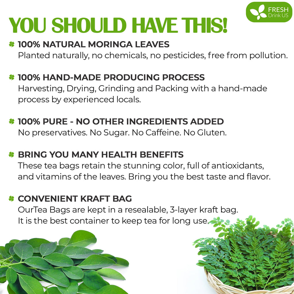 Moringa Leaf Tea Bags, 100% Natural & Pure from Moringa Leaves. Loose Leaf Moringa Herbal Tea. Moringa Leaf Tea. No Sugar, No Caffeine, No Gluten, Vegan | Tea | Wiccan Center