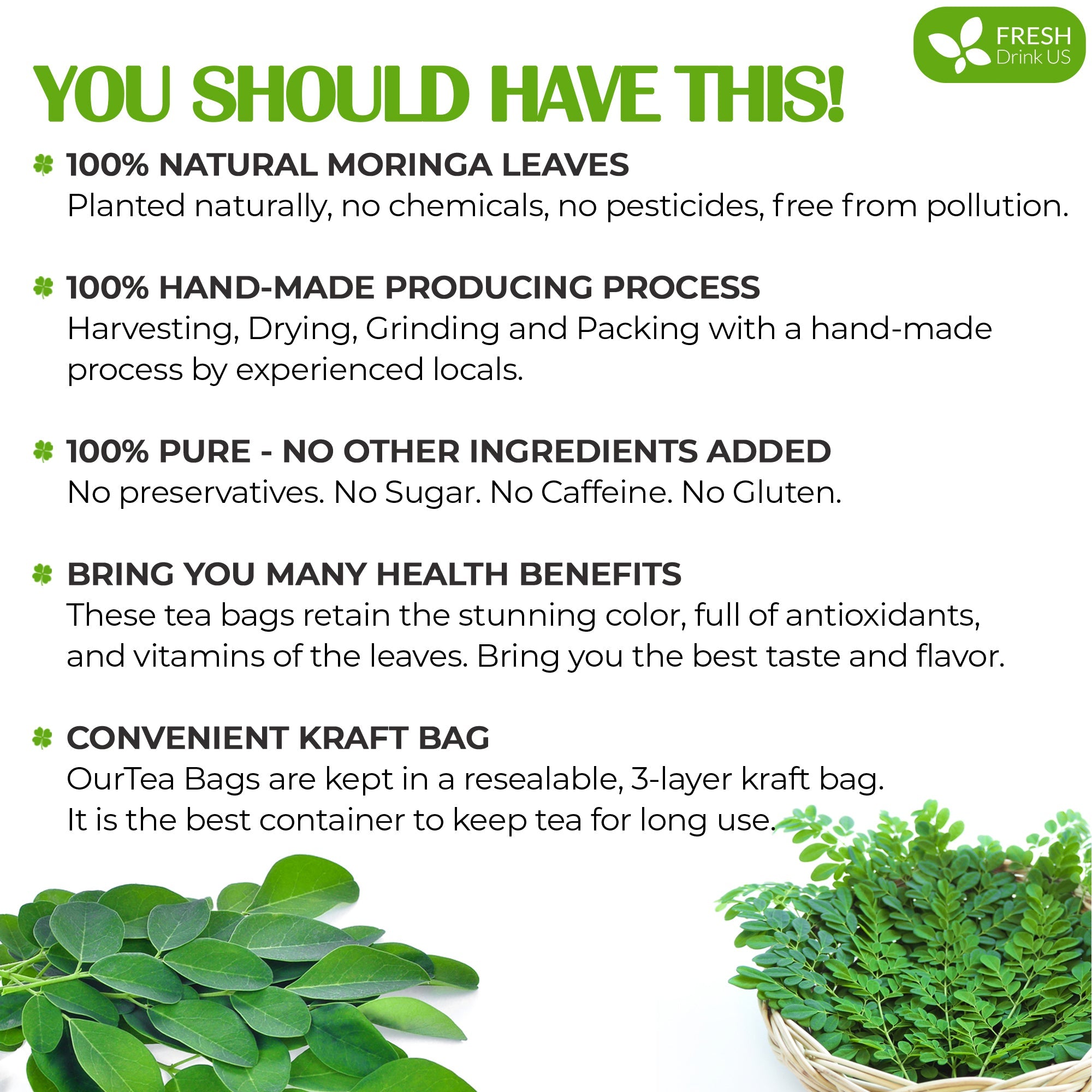 Moringa Leaf Tea Bags, 100% Natural & Pure from Moringa Leaves. Loose Leaf Moringa Herbal Tea. Moringa Leaf Tea. No Sugar, No Caffeine, No Gluten, Vegan | Tea | Wiccan Center