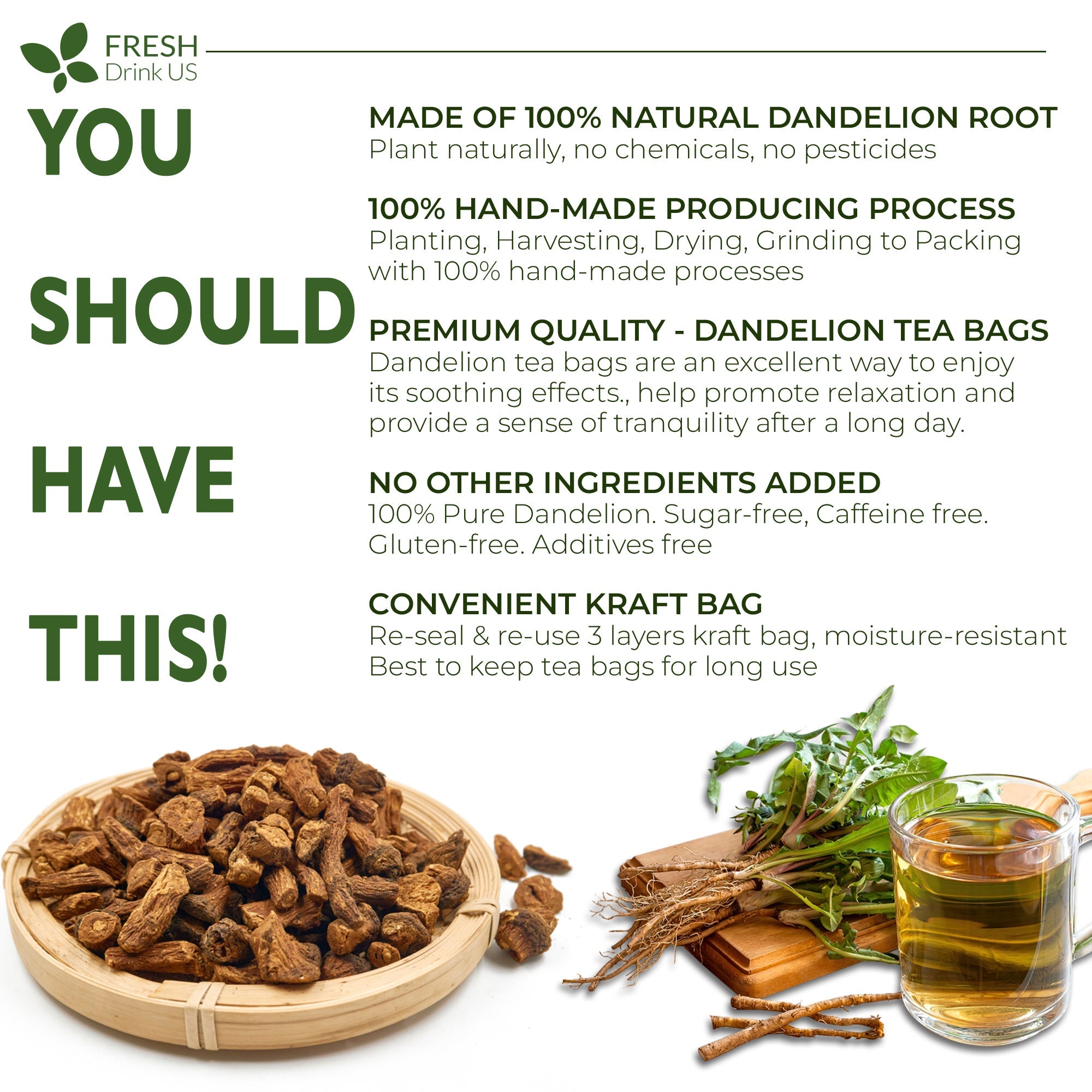 Dandelion Root Tea Bags, 100% Natural & Pure from Dandelion Root, Eco-Conscious Tea Bags, Dandelion Root Herbal Tea. Dandelion Root Tea. No Sugar, No Caffeine, No Gluten, Vegan. | Tea | Wiccan Center