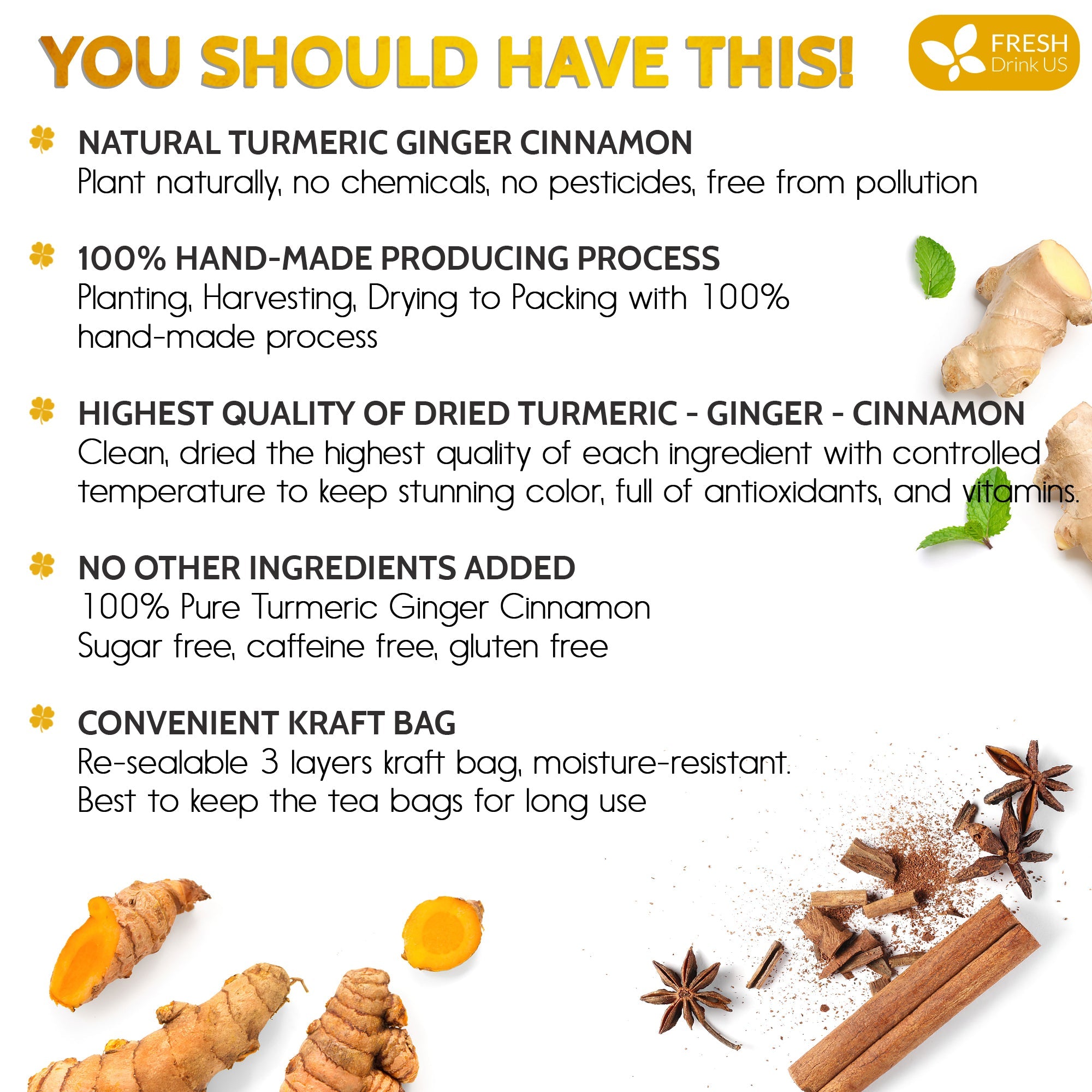 Turmeric, Ginger, Cinnamon Tea, Tea Bags, 100% Natural, Hand-made Blend of Turmeric, Ginger, and Cinnamon. Eco-conscious Tea Bags. Turmeric Ginger Herbal Tea. No Sugar, No Caffeine, No Gluten, Vegan. | Tea | Wiccan Center