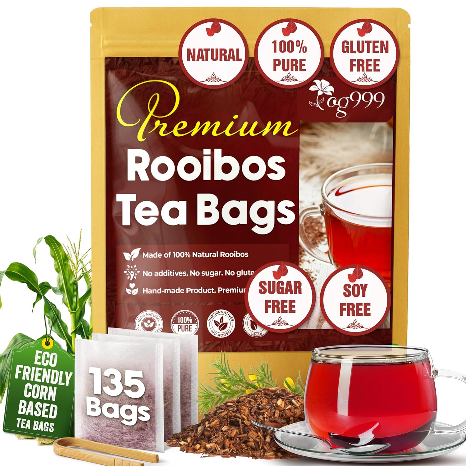 Premium Red Rooibos Tea Bags, 100% Natural & Pure from Rooibos Tea Leaves. Loose Leaf Rooibos Herbal Tea. Made with Natural Material Tea Bags. No Sugar, No Caffeine, No Gluten, Vegan. | Tea | Wiccan Center
