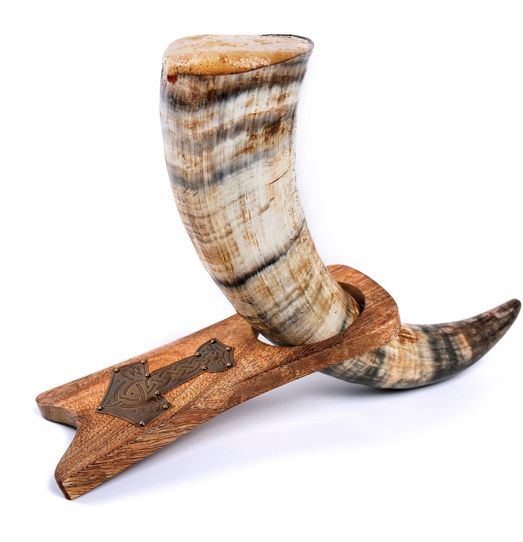 Viking Drinking Horn – Ox Horn with Wooden Stand