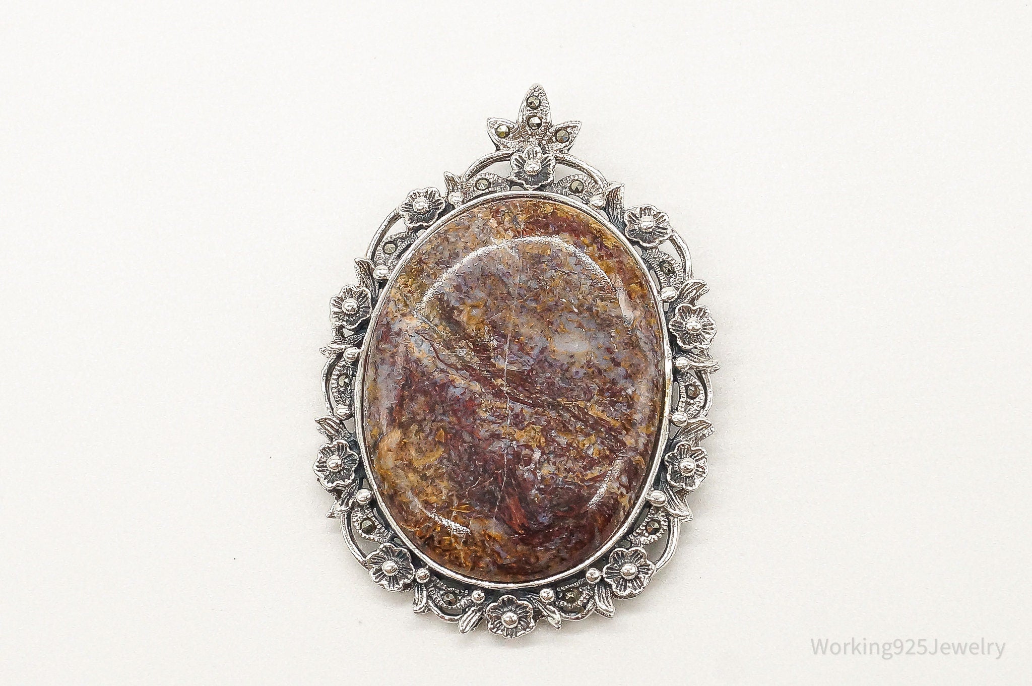 Vintage Large Designer NK Jasper Marcasite Sterling Silver Pendant | Jewelry > Necklaces > Pendants | Wiccan Center