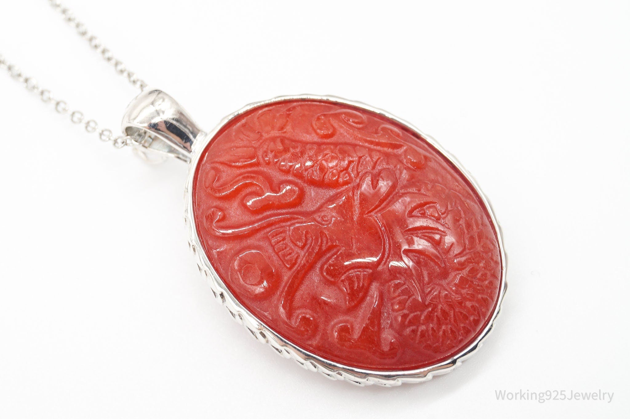 Large Vintage Carved Carnelian Dragon Sterling Silver Necklace | Jewelry > Necklaces > Pendants | Wiccan Center