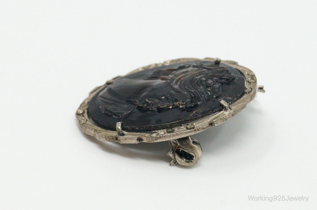 Antique Carved Abalone Shell Marcasite Woman Cameo 800 Silver Pendant Pin | Jewelry > Necklaces > Pendants | Wiccan Center
