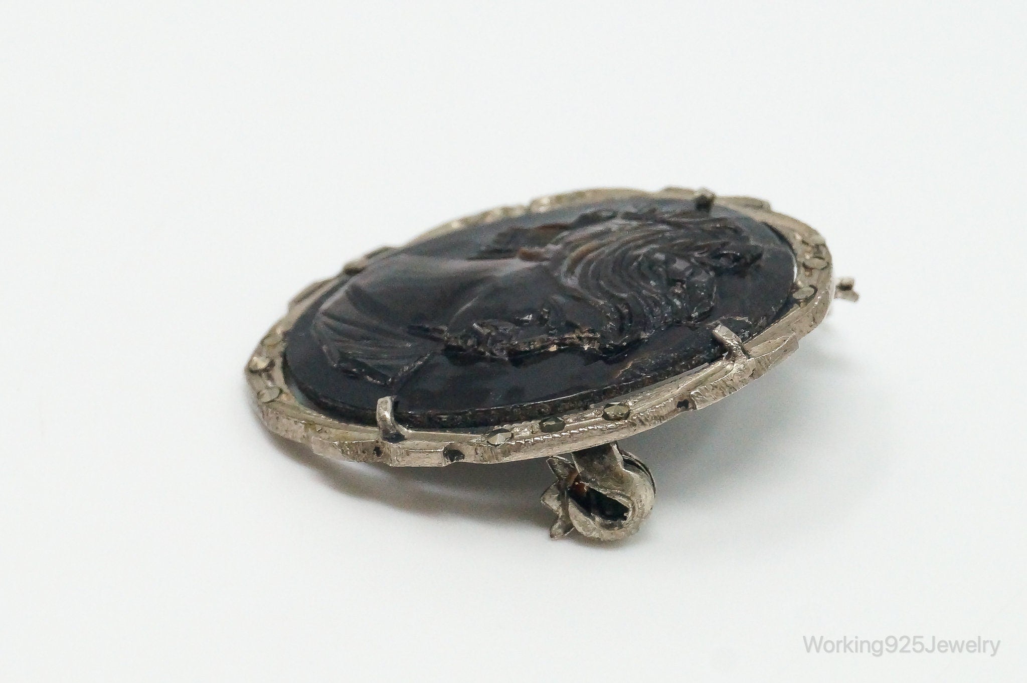 Antique Carved Abalone Shell Marcasite Woman Cameo 800 Silver Pendant Pin | Jewelry > Necklaces > Pendants | Wiccan Center