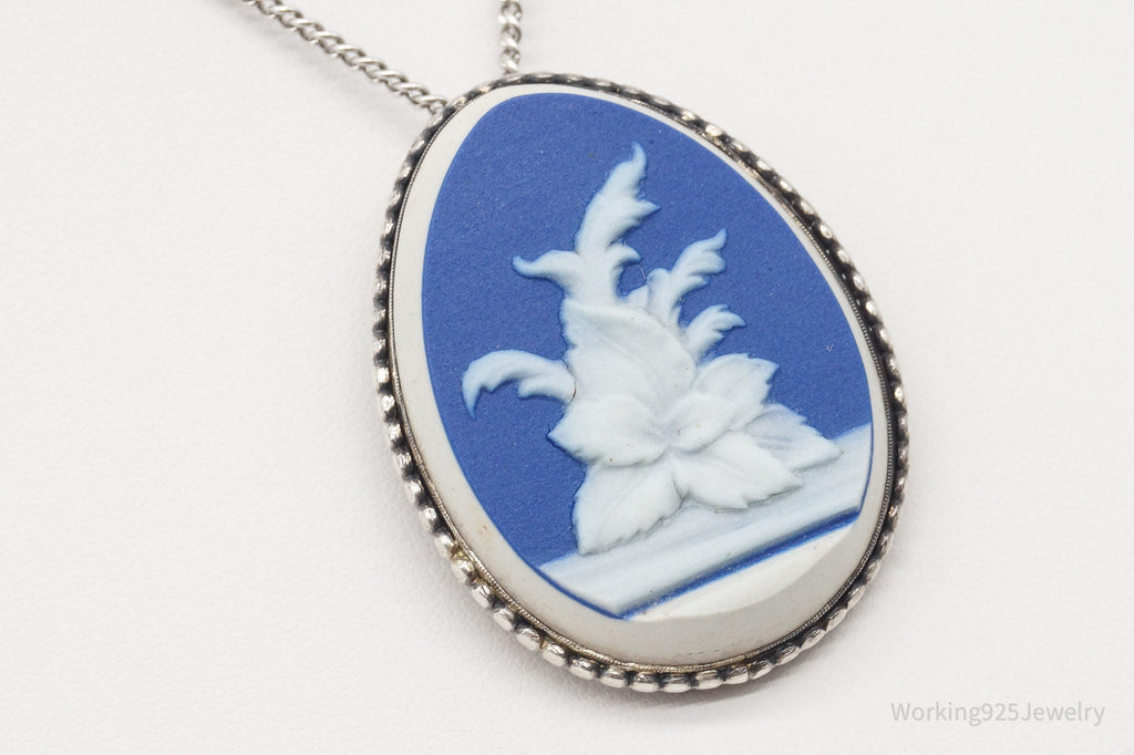 Vintage Carved Blue Agate Flower Sterling Silver Necklace 23" | Jewelry > Necklaces > Pendants | Wiccan Center