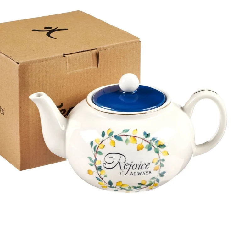 Blue "Rejoice" Flowers & Lemons Ceramic Teapot | Gifts | Wiccan Center