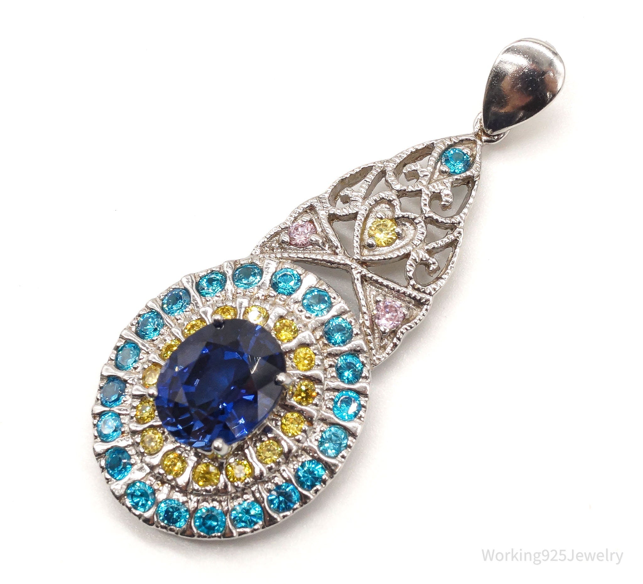 Large Lab Sapphire Multi Color CZ Rhodium Over Sterling Silver Pendant | Jewelry > Necklaces > Pendants | Wiccan Center
