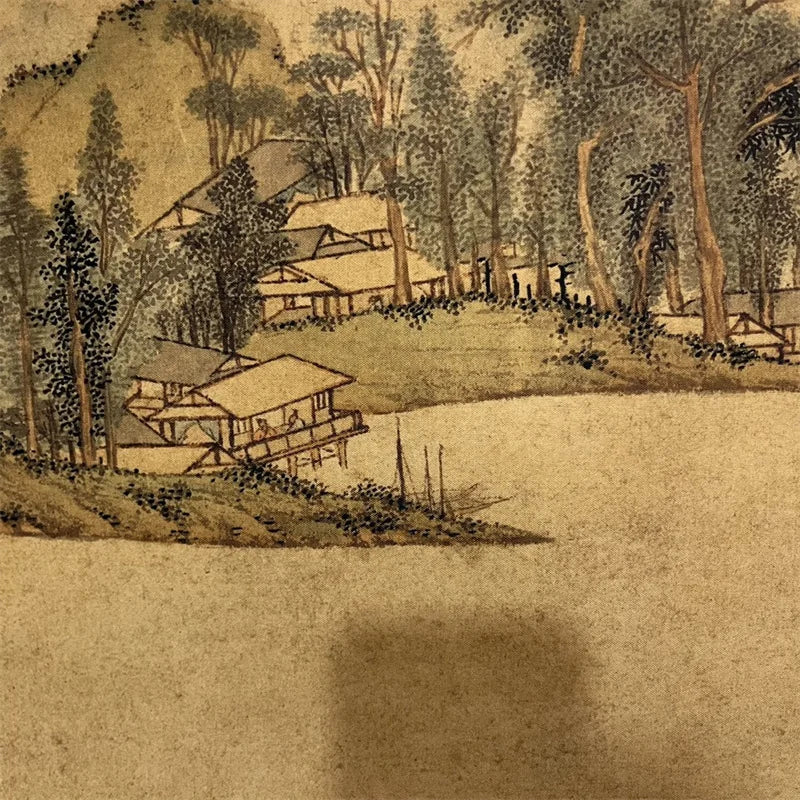 China Long Scroll Watercolor & Calligraphy – Tang Yin “Huxi Thatched Cottage” (Collectible)