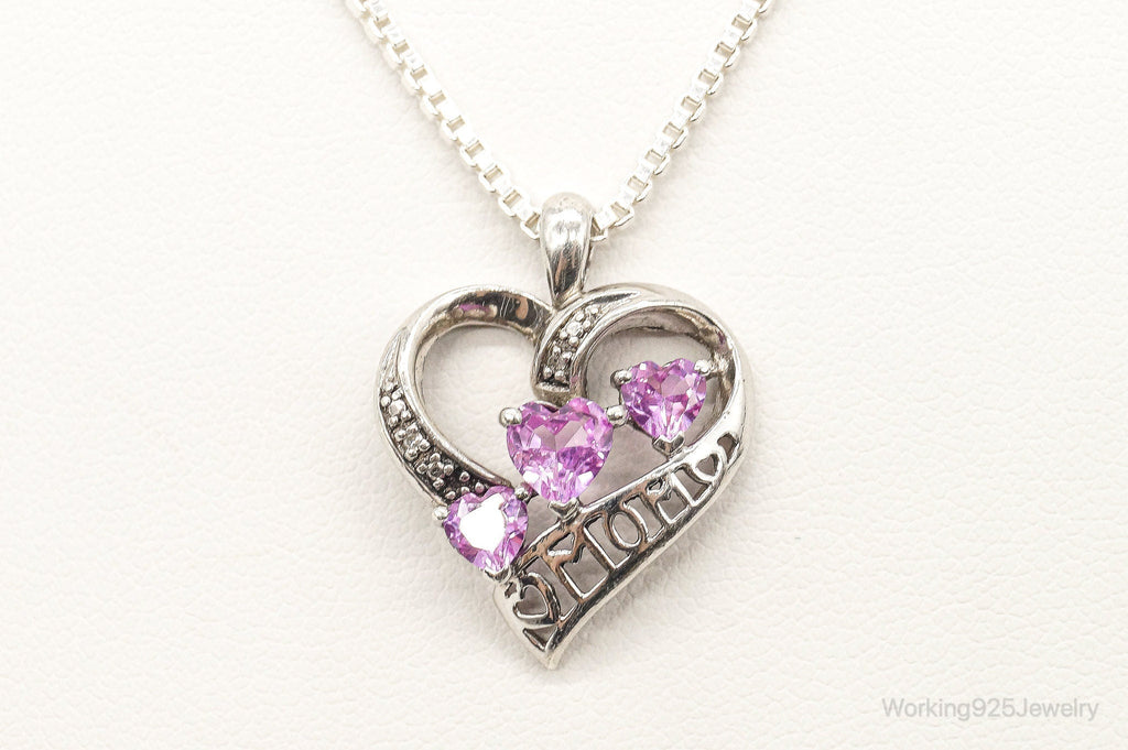 Vintage Pink Topaz Two Diamond Heart Mom Sterling Silver Necklace | Jewelry > Necklaces > Pendants | Wiccan Center