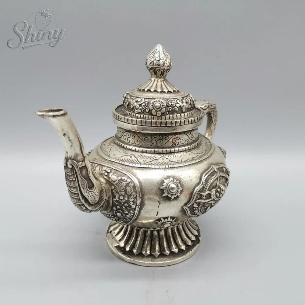 Exquisite Old Chinese Tibet Silver Hand carved Dragon Flagon / Teapot