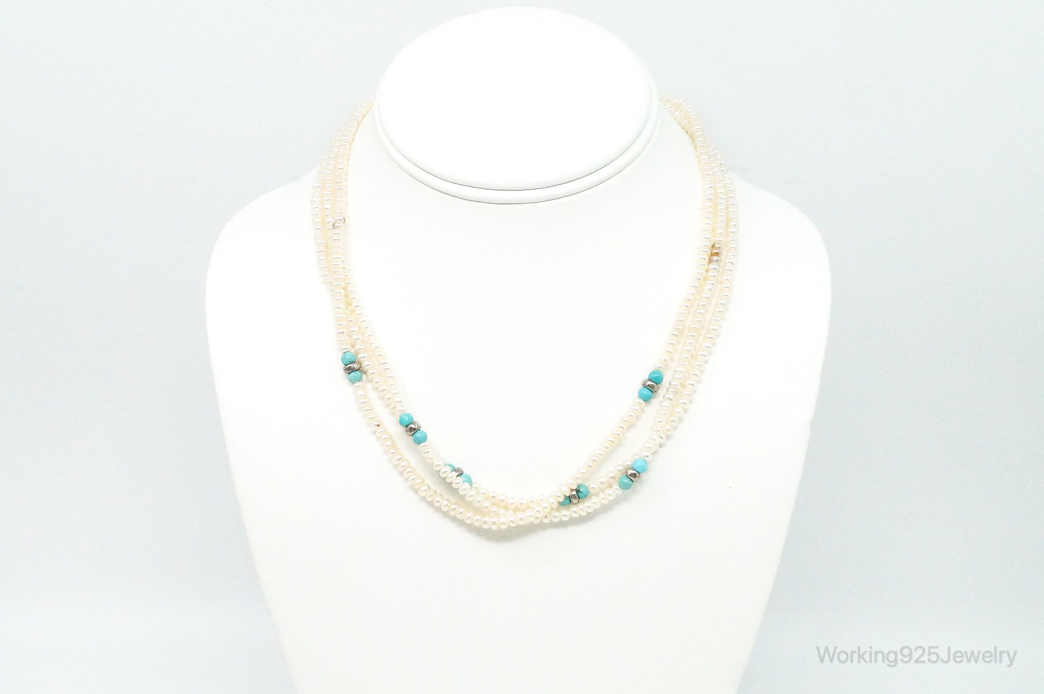 Vintage Native American Turquoise & Pearl Sterling Silver Bead Necklace | Jewelry > Necklaces > Pendants | Wiccan Center