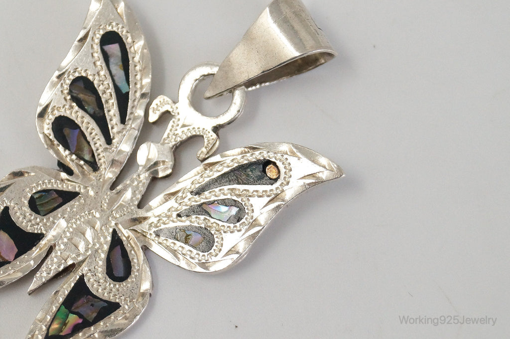 Large Vintage Mexico CC80 Abalone Etched Butterfly Sterling Silver Pendant | Jewelry > Necklaces > Pendants | Wiccan Center