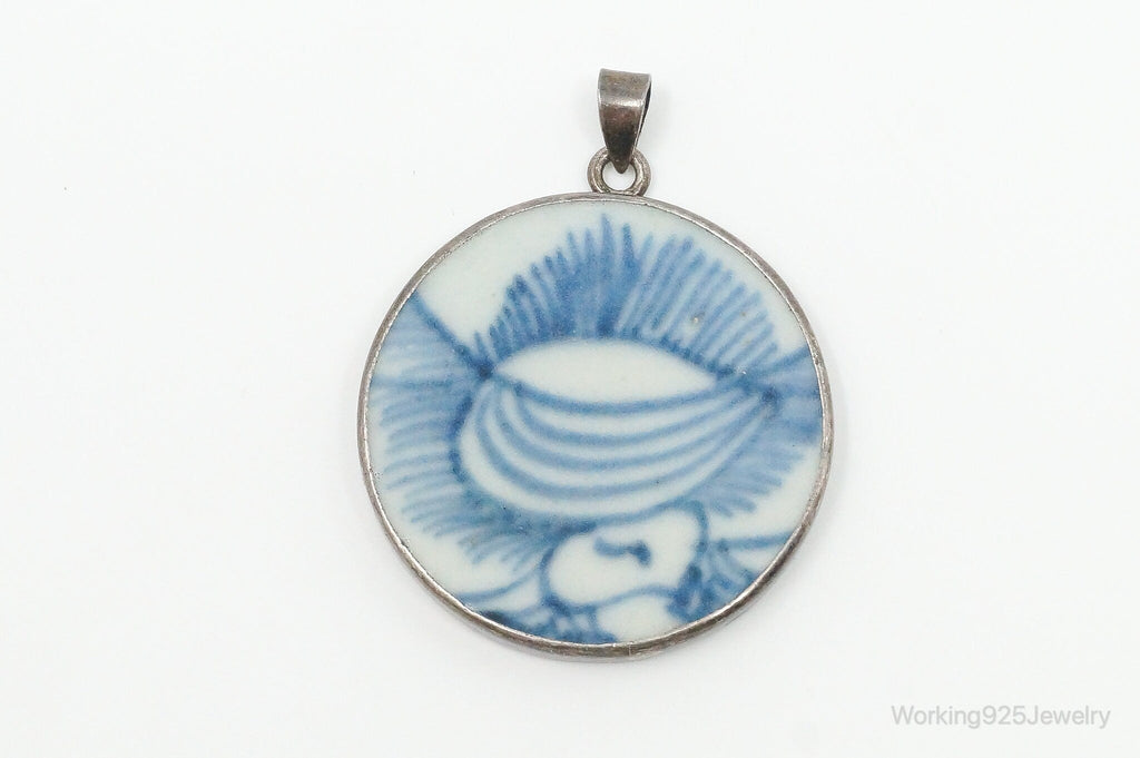 Vintage White Blue Ming Porcelain Sterling Silver Pendant | Jewelry > Necklaces > Pendants | Wiccan Center