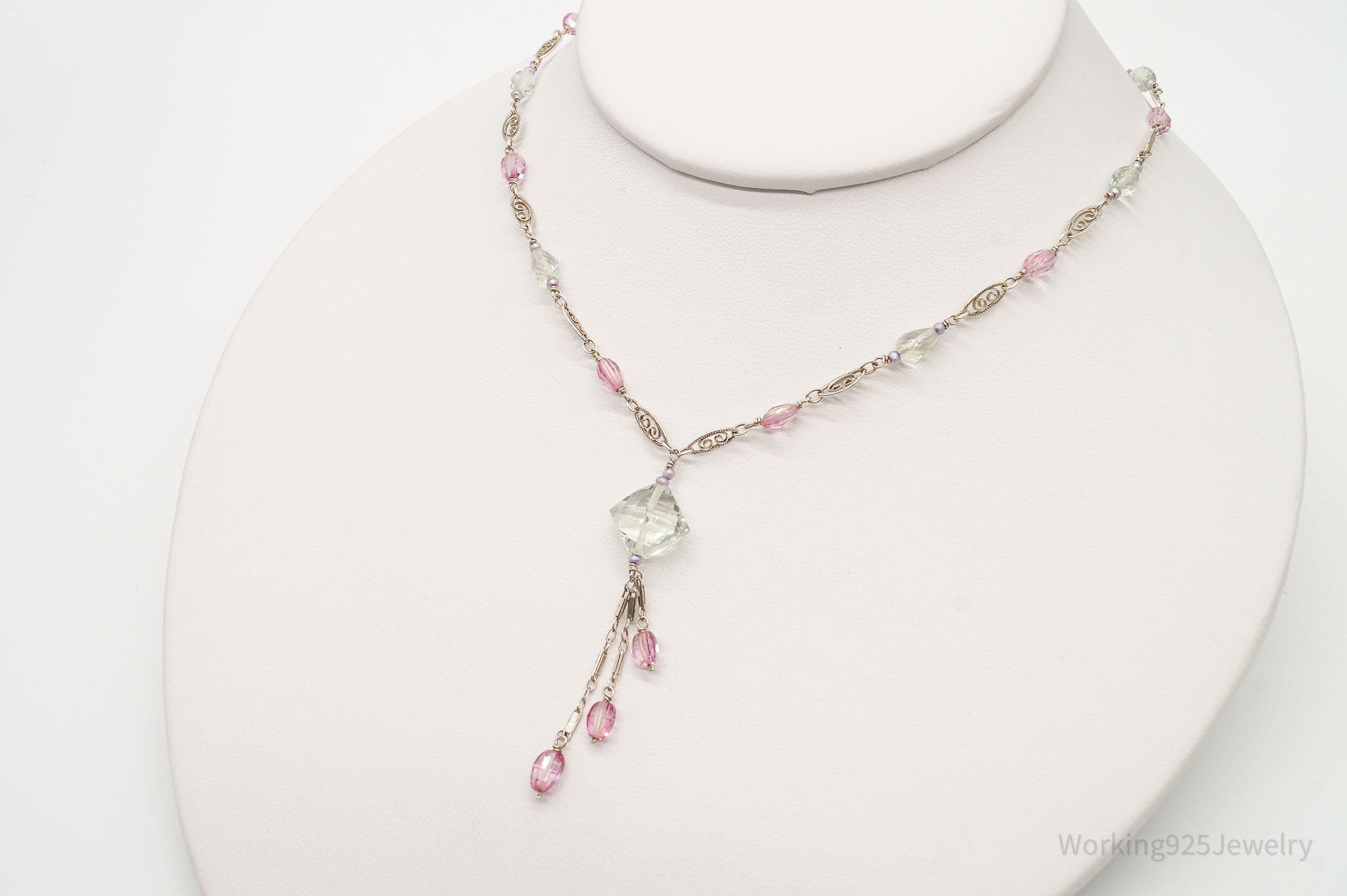 Vintage Prasiolite Pink Topaz Seed Pearls Sterling Silver Necklace | Jewelry > Necklaces > Pendants | Wiccan Center