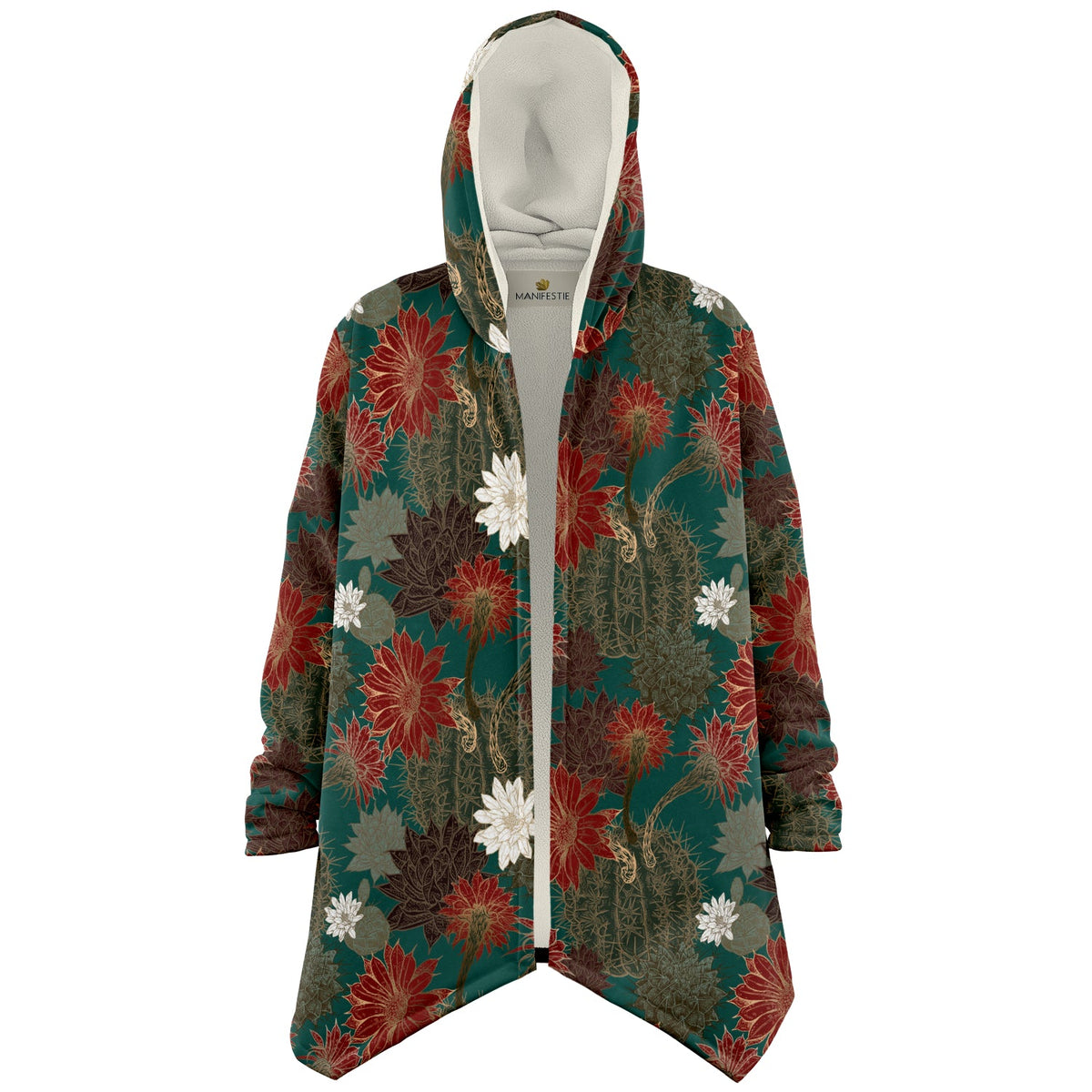 Desert Flowers Cuddle Cloak | Green Red | Unisex Minky Sherpa Lined Hooded Coat | Women and Mens Festival Coat | Mountain Fashion | Microfleece Cloak - AOP | Wiccan Center