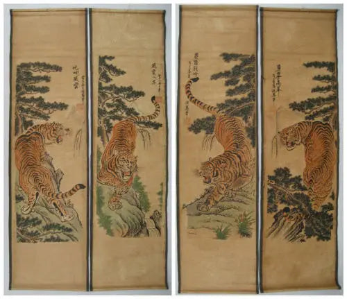 Chinese Calligraphy & Four Tigers Scroll – Hand-Painted Wall Hanging