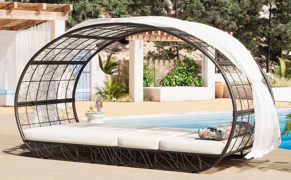 90.55" Outdoor Patio Daybed with Curtain, Sunbed with Cushion and | Furniture | Wiccan Center