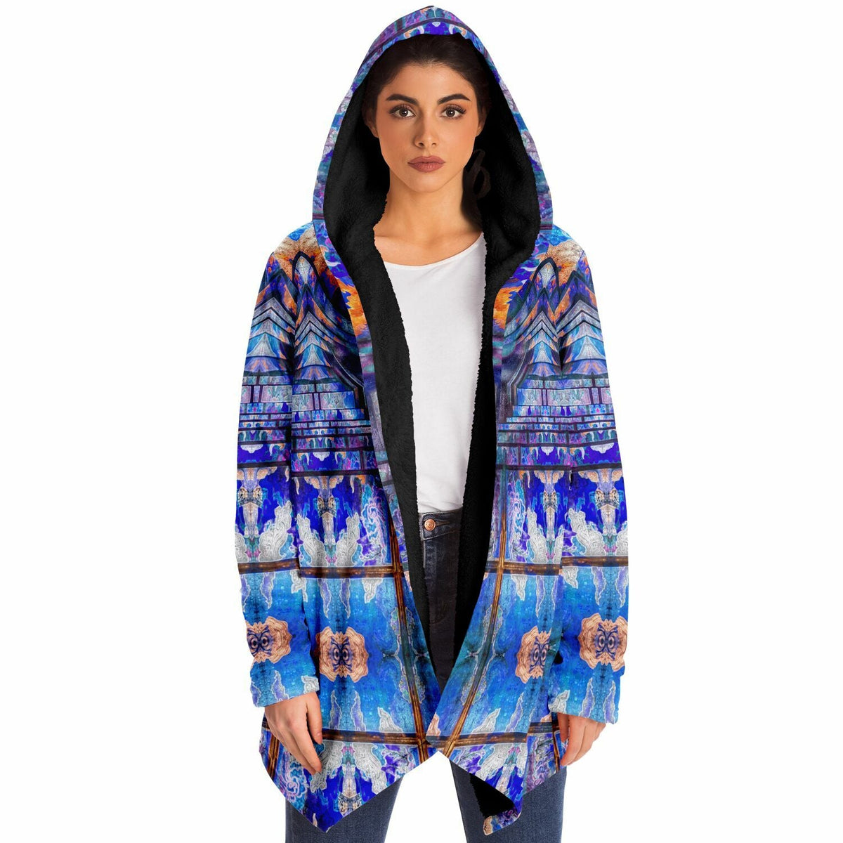Transcendence Cuddle Cloak | Unisex Minky Sherpa Hooded Coat | Women and Mens Festival Coat | Mountain Fashion | Microfleece Cloak - AOP | Wiccan Center