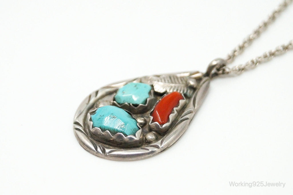 VTG Native American Afonso Penketewa Turquoise Coral Sterling Silver Necklace | Jewelry > Necklaces > Pendants | Wiccan Center
