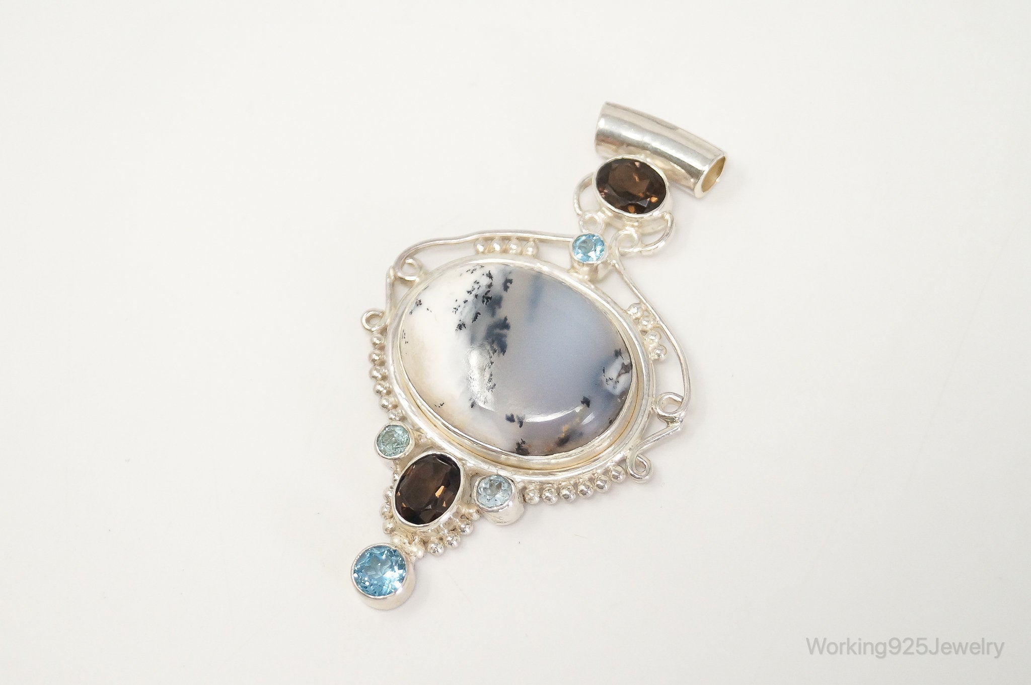Large SAJEN Dendritic Agate Smoky Topaz Blue Topaz Sterling Silver Pendant | Jewelry > Necklaces > Pendants | Wiccan Center
