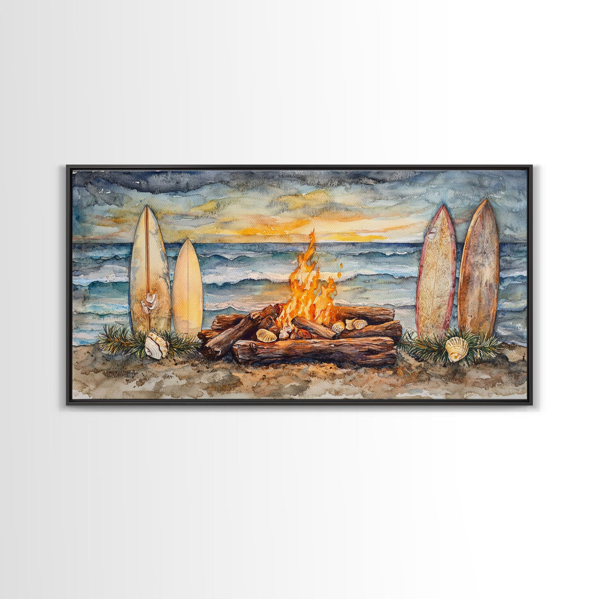 Surfboards And Bonfire On The Beach At Sunset, Tropical Coastal Wall Art, Beach Christmas Decor, Framed Canvas Print | | Wiccan Center