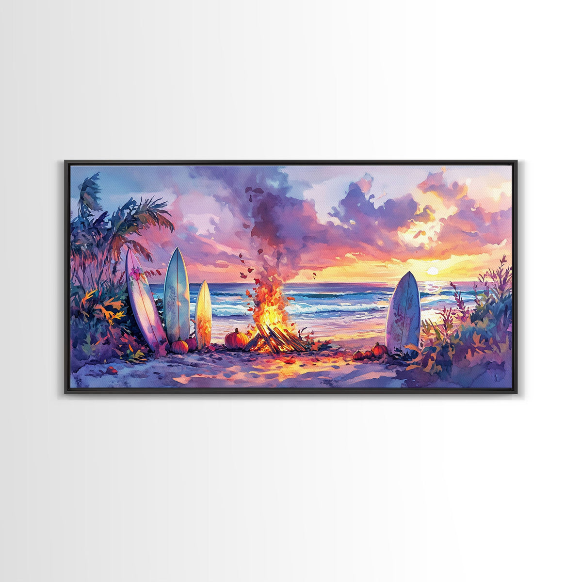 Surfboards And Bonfire At Sunset With Pumpkins, Tropical Beach Christmas Wall Art, Coastal Holiday Framed Canvas Print | | Wiccan Center
