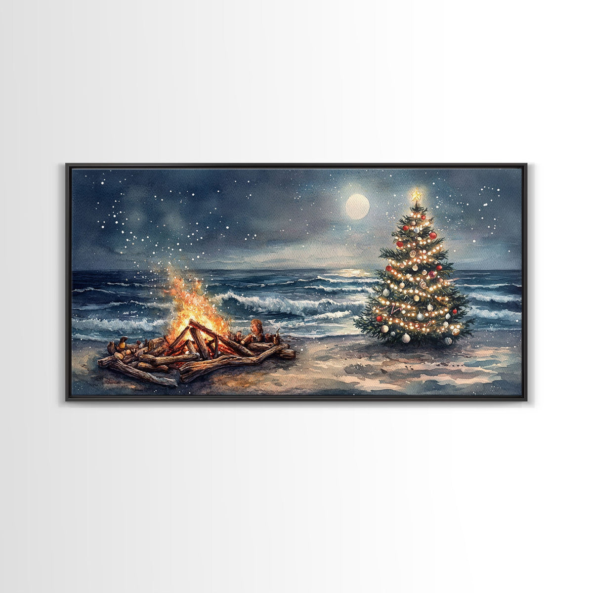 Cozy Bonfire On Beach With Christmas Tree Framed Canvas Print, Nighttime Winter Beach Holiday Wall Art And Coastal Decor | | Wiccan Center