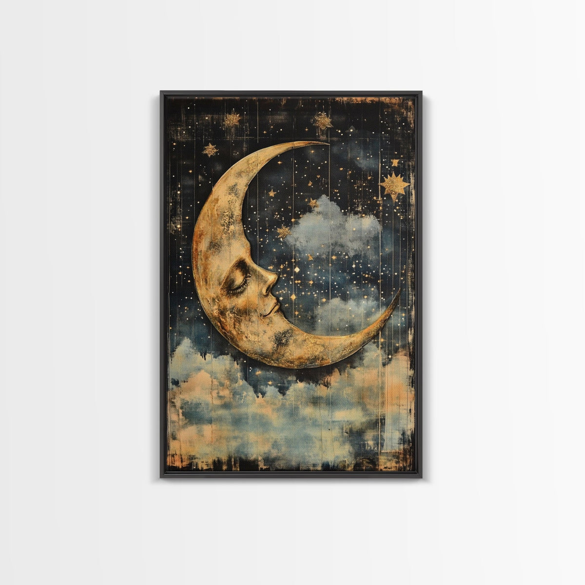 Crescent Moon Floral Botanical Wall Art Canvas Print, Dark Cottagecore Decor, Dark Academia, Moon and Stars, Moody Wall Art | | Wiccan Center