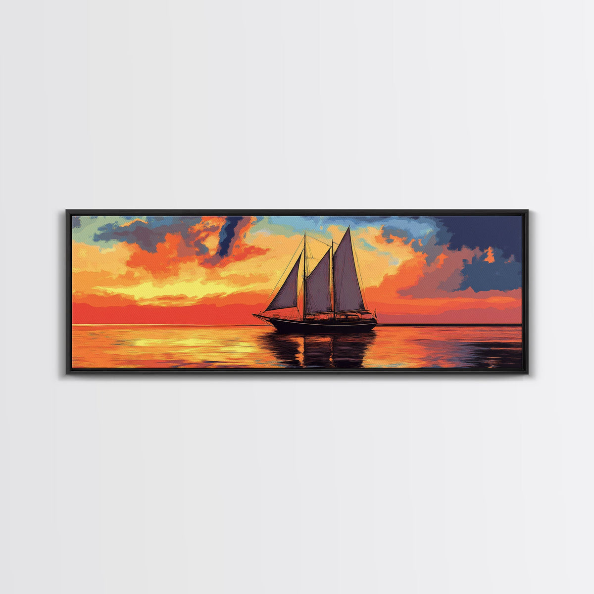 Pirate Ship at Sunset Framed Canvas Print - Panoramic Wall Art - Sailboat Painting - Sail Boat Art - Nautical Decor - Lake House Art | | Wiccan Center