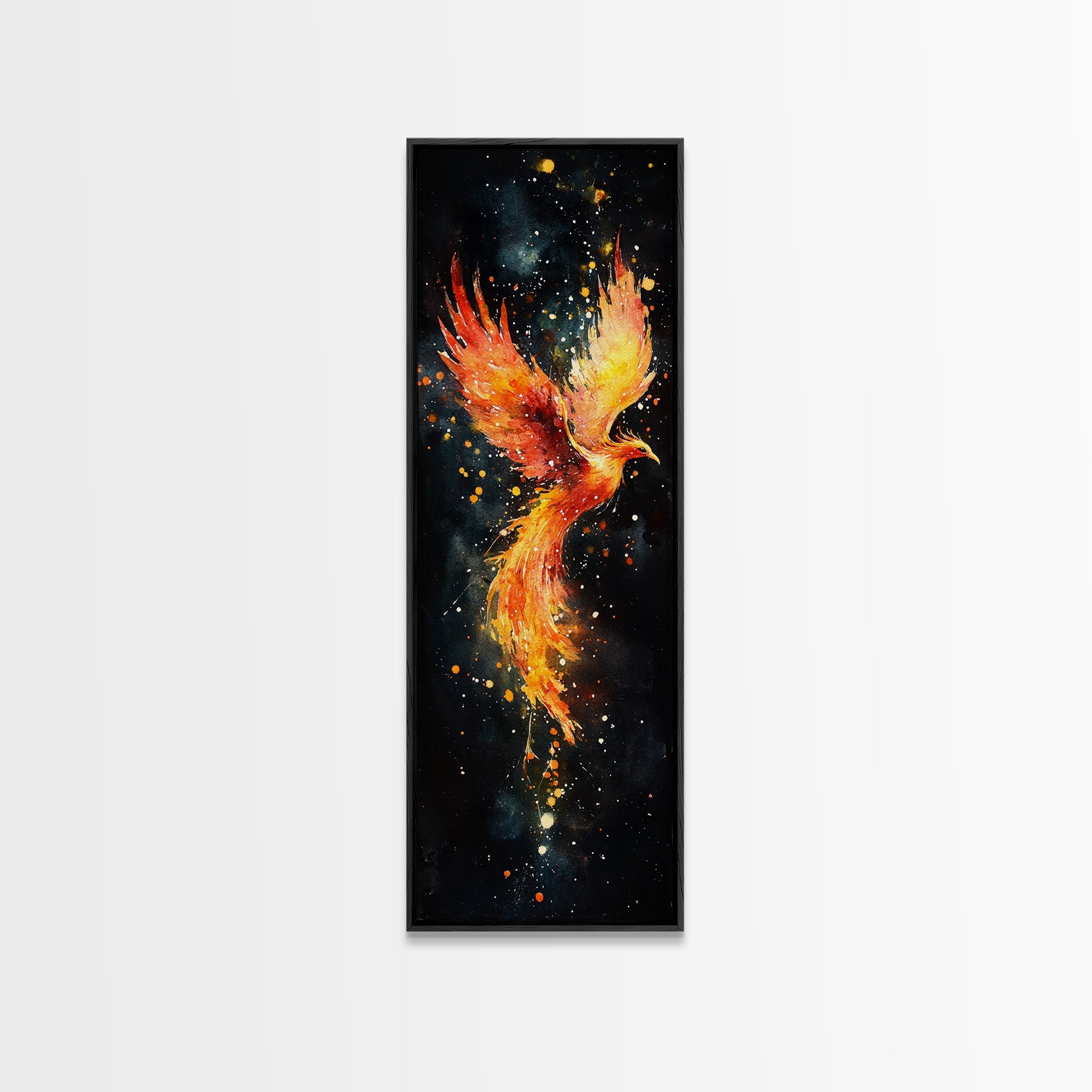 Radiant Phoenix in Flight Canvas Print, Framed Tall Wall Art, Unique Living Room Decor, Firebird Painting for Spiritual Art Lovers