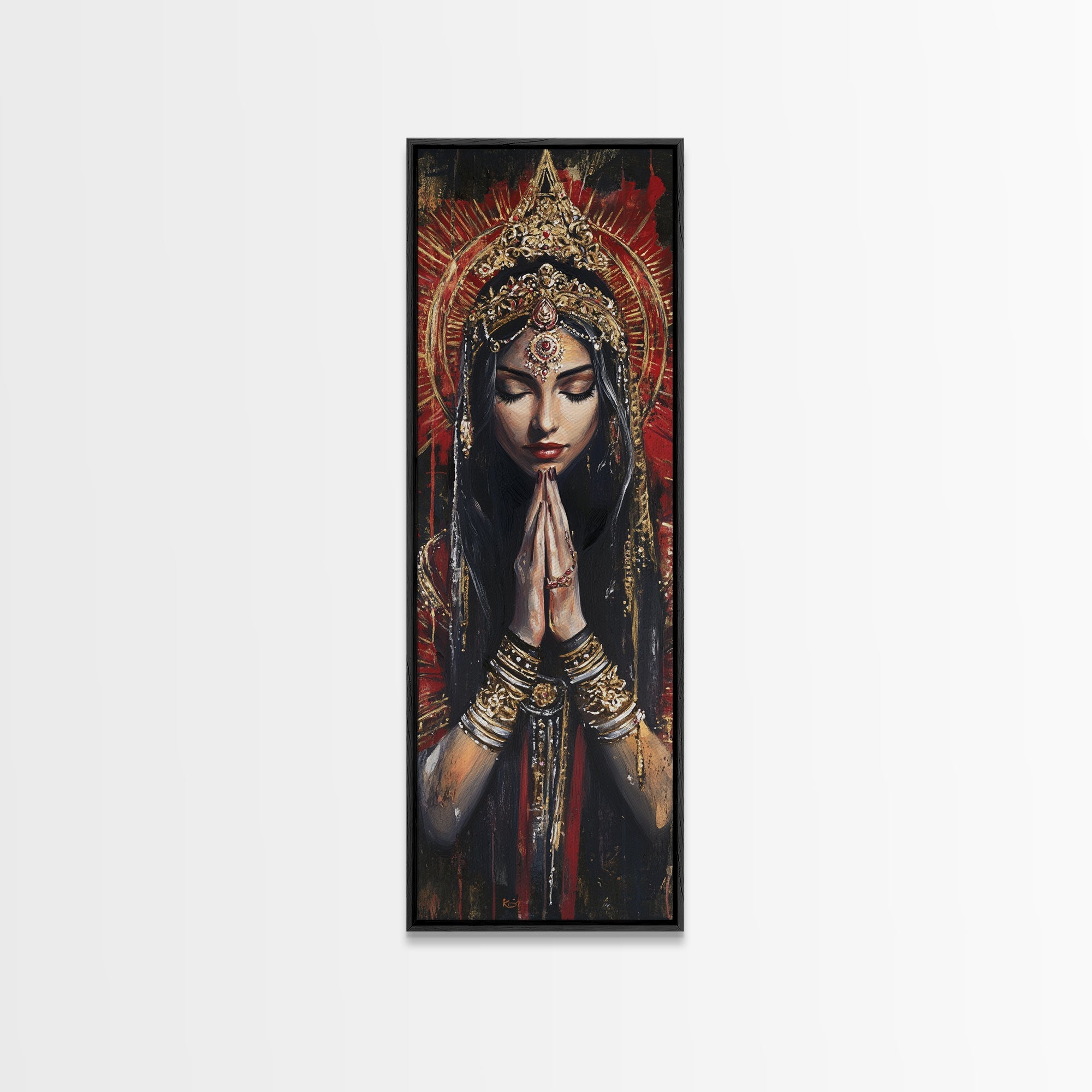 Goddess Prayer Painting Framed Canvas Print, Kerala Mural Art with Rich Red and Gold, Dark Angels Wall Art for Boho Bedroom Decor