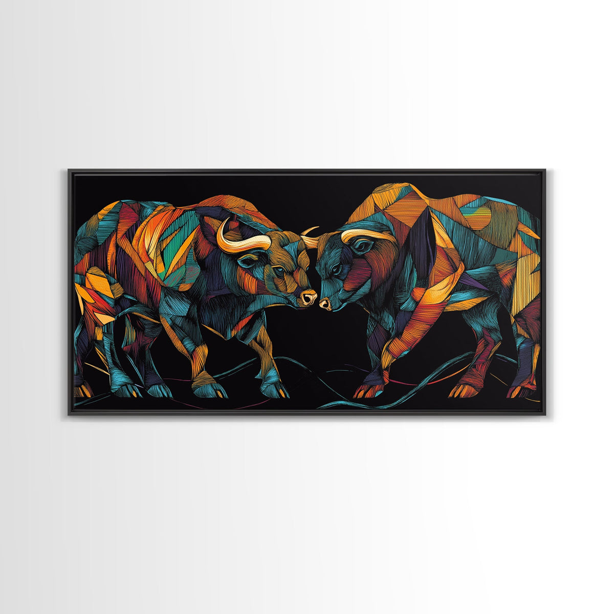 Vibrant Mosaic Bulls Canvas Print Colorful Geometric Wall Art Rustic Decor Living Room Art Tall Narrow Art Bull and Bear Art