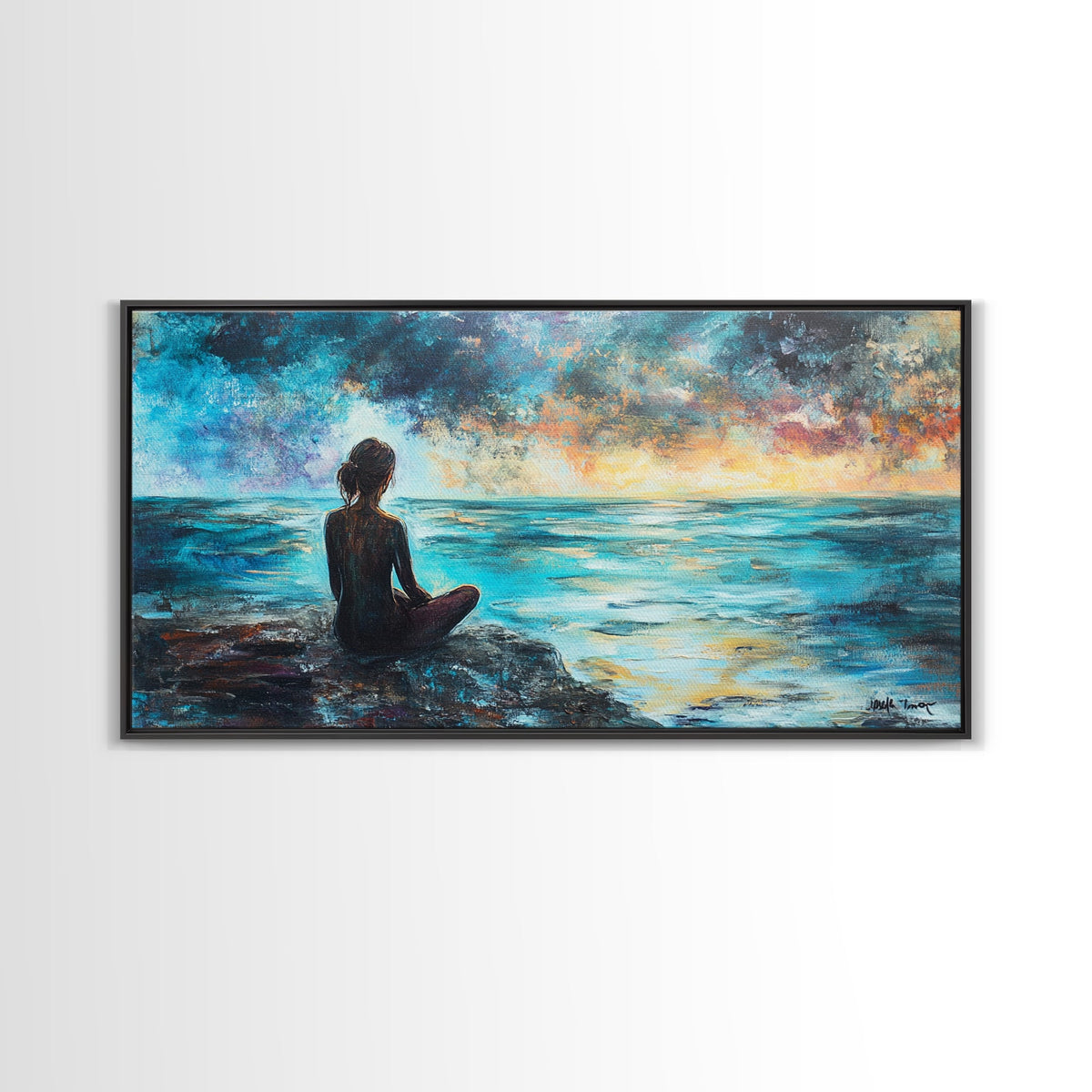 Woman Meditating Coastal Sunset Framed Canvas Print Yoga Art Nautical Wall Art Bedroom Decor Perfect Gift Idea Coastal Cowgirl Artwork | | Wiccan Center