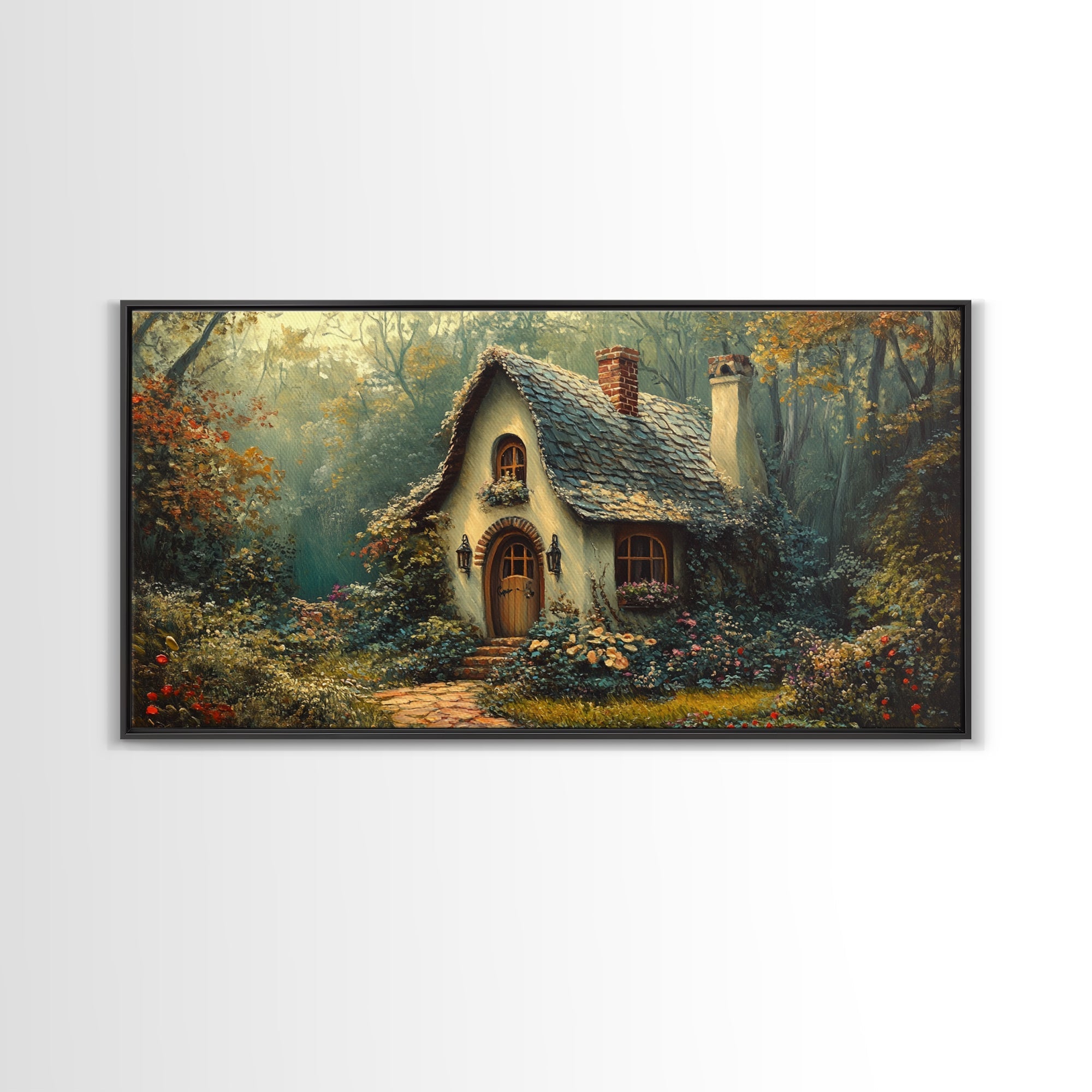 Enchanted Forest Cottage Framed Canvas Print Fairytale Cottagecore Rustic Wall Art Whimsical Landscape Painting Above Sofa Art Gift Idea