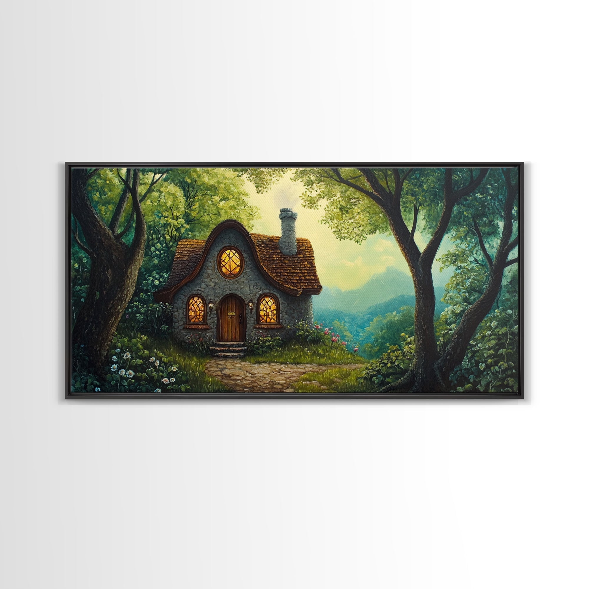 Cozy Forest Cottage Canvas Print Cottagecore Landscape Art Rustic Home Decor Whimsical Above Bed Art Fairy Tale Wall Art Gift Idea